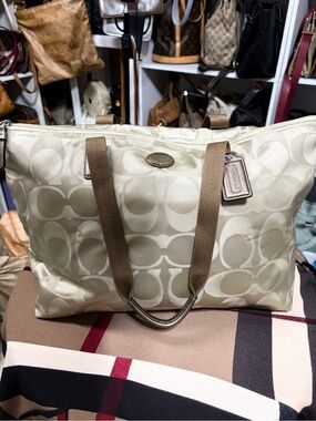 Coach Signature Weekender Canvas Tote Bag in Cream with Tan Straps